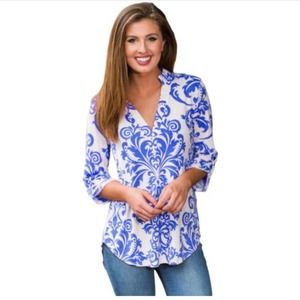 Women's Royal Blue Damask Print V Neck Tunic